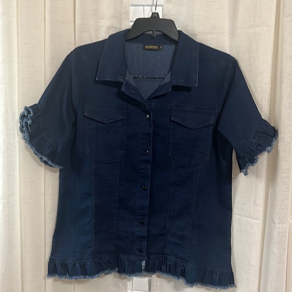 Reborn Dark Blue Denim Jacket with Ruffled Cap Sleeves & Hem Sz M - Picture 2 of 6